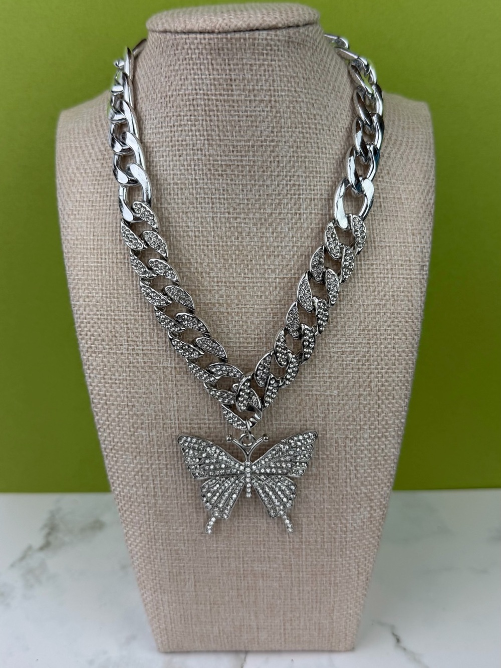 Rhinestone Butterfly Cuban Link Choker Necklace Silver Tone Statement Y2K Bling